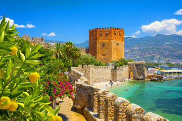 Panoramic view of the harbor of Alanya on a beautiful summer day. Alanya, Turkey  - obrazy, fototapety, plakaty