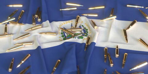 Many bullets on the flag of El Salvador. Gun control or war related conceptual 3D rendering