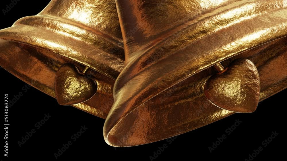 Poster realistic closeup camera looping 3d animation of two forged textured gold bells rendered in uhd with