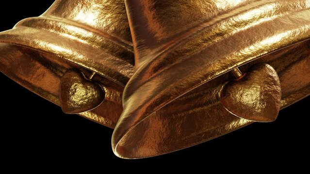 Realistic closeup camera looping 3D animation of two forged textured gold bells rendered in UHD with alpha matte