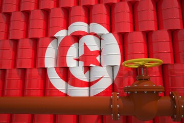 Many barrels with flag of Tunisia and oil pipe. 3d rendering