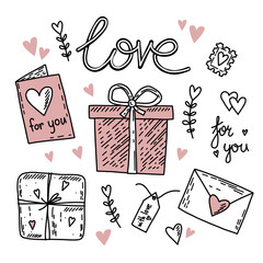 Set of vector hand drawn elements about love. Happy Valentine's Day background with pink