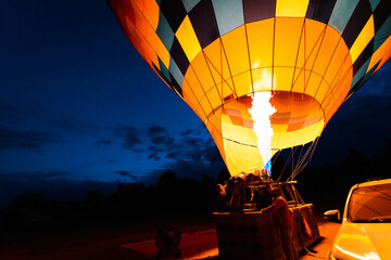 Filling Hot Air Balloon at Dawn, Cappadocia Türkiye Turkey - obrazy, fototapety, plakaty