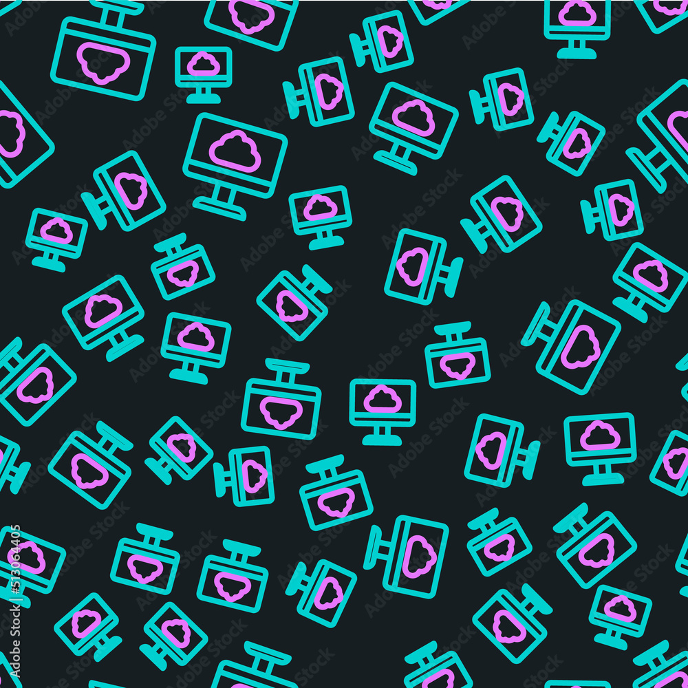 Aufkleber line cloud technology data transfer and storage icon isolated seamless pattern on black background. 