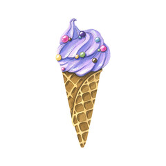 Purple ice cream in a waffle cone with confectionery sprinkles. Watercolor illustration. An isolated object from a large set of ICE CREAM. For decoration, design, compositions of postcards, posters