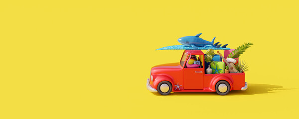 Red car with luggage and beach accessories ready for summer travel. Creative summer concept on yellow background 3D Render 3D illustration - obrazy, fototapety, plakaty