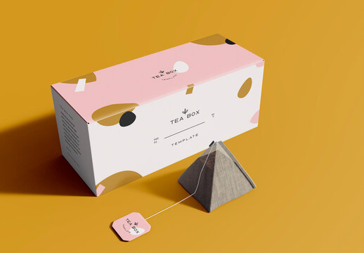 Tea Bag Box with Pyramid Sachet Mockup