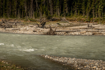 Rockies, forests and river along the Banff Windermer HWY Kootenay National Park British Columbia Canada