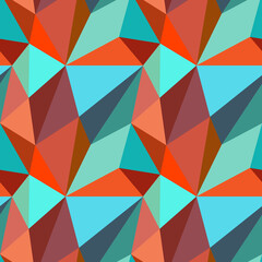 Low polygonal seamless pattern. Abstract geometric background of turquoise, blue, orange and red triangles. Bright colorful low poly design