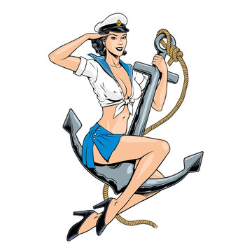 Pin-up attractive captain girl sitting on an anchor, sailor woman. Retro style poster, sign, t-shirt or tattoo design. Vector illustration.