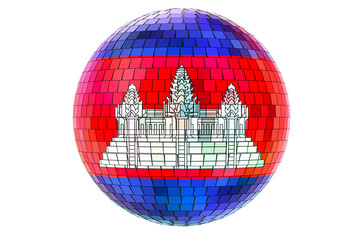 Mirror disco ball with Cambodian flag, 3D rendering