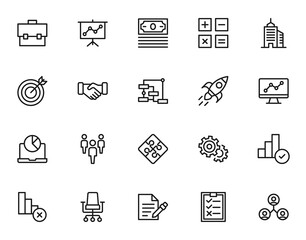 Business and money concept. Monochrome sign drawn with black line. Vector icon set with symbols of suitcase, progress line, money, calculator, skyscraper, target, hand shaking etc