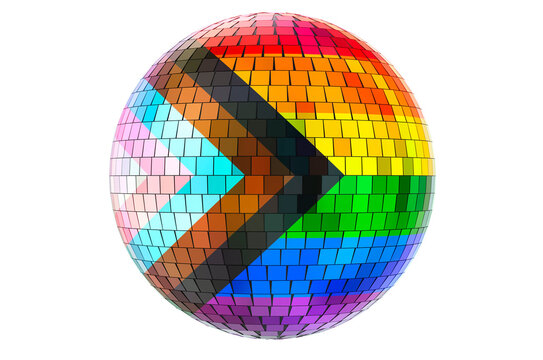 Mirror disco ball with modern LGBTQ flag, 3D rendering