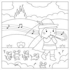 Coloring page with Pied Piper of Hamelin. German classical fairy tale for children. Cartoon Piper with funny rats. The boy playing flute. Vector illustration for coloring book.