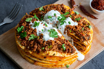 Turkish Food Kayseri Yaglama with Minced Meat, Yogurt and Tomato Paste