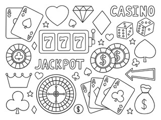 Hand drawn set of casino doodle. Gambling entertainment in sketch style. Casino chip, cards, roulette, money, poker. Vector illustration isolated on white background.
