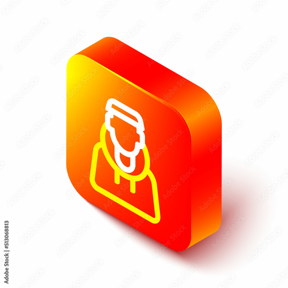 Poster isometric line monk icon isolated on white background. orange square button. vector