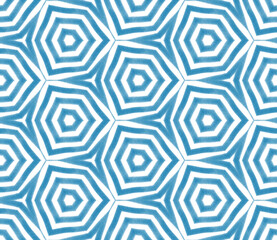 Fototapeta premium Striped hand drawn pattern. Blue symmetrical kaleidoscope background. Textile ready rare print, swimwear fabric, wallpaper, wrapping. Repeating striped hand drawn tile.