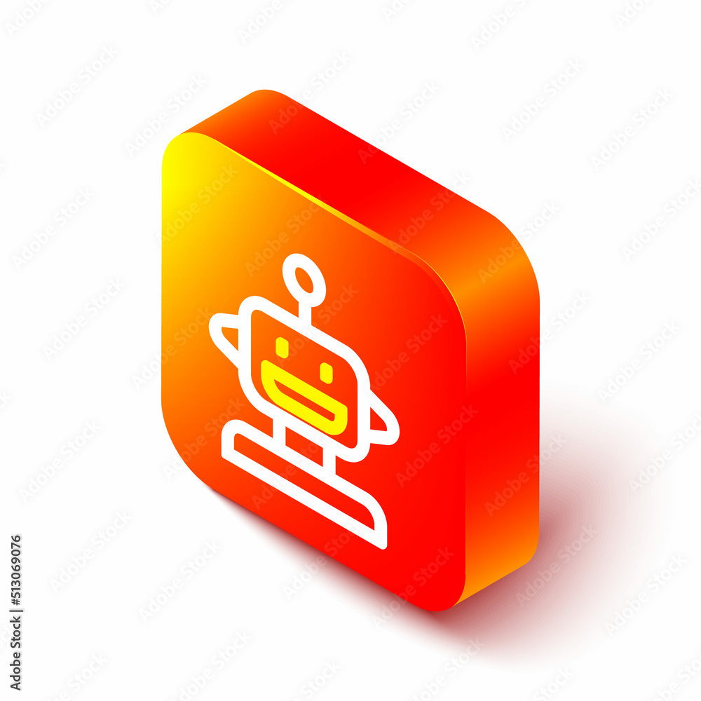 Poster isometric line robot toy icon isolated on white background. orange square button. vector
