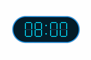 Vector flat illustration of a digital clock displaying 08.00 . Illustration of alarm with digital number design. Clock icon for hour, watch, alarm signs