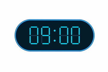 Vector flat illustration of a digital clock displaying 09.00 . Illustration of alarm with digital number design. Clock icon for hour, watch, alarm signs