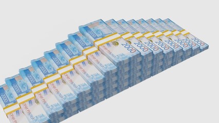 2000 Russian rubles money composition. Financial background. Many banknotes and wads of money....