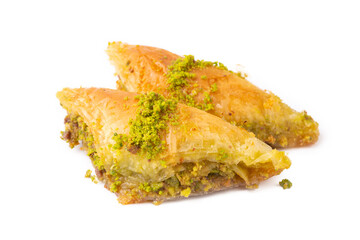Turkish Dessert Sobiyet Baklava. Turkish pistachio baklava on a white background. Local name şöbiyet baklava