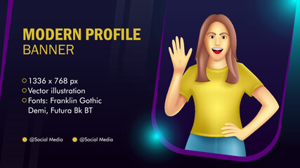 modern template for web, 1336x768, with illustration of woman waving, background with dark blue lights