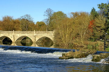 Fototapeta premium Autumn foliage around a bridge above a dam on the River Avon in Bath, England, UK