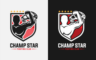 Champions Star Fighting Club Logo Design with a man holding a winner's belt Concept.