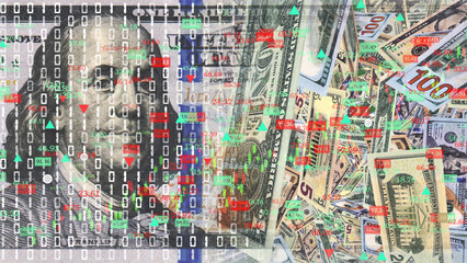 Fototapeta premium Digital US dollars and stock market tickers in the new economy