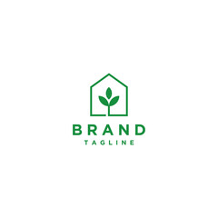 Greenhouse Logo and Leaves In Simple Lines. Minimalist house logo design with leaves inside.