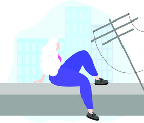 A girl with white hair is sitting on the roof. Flat vector illustration.