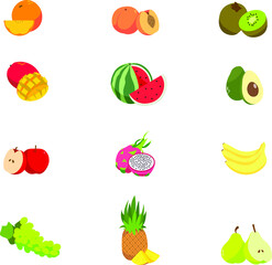 A collection of twelve fruits. Apple, pitahaya(dragon fruit), banana, grape, pineapple, pear, orange, peach, kiwi, mango, watermelon and avocado isolated on white background