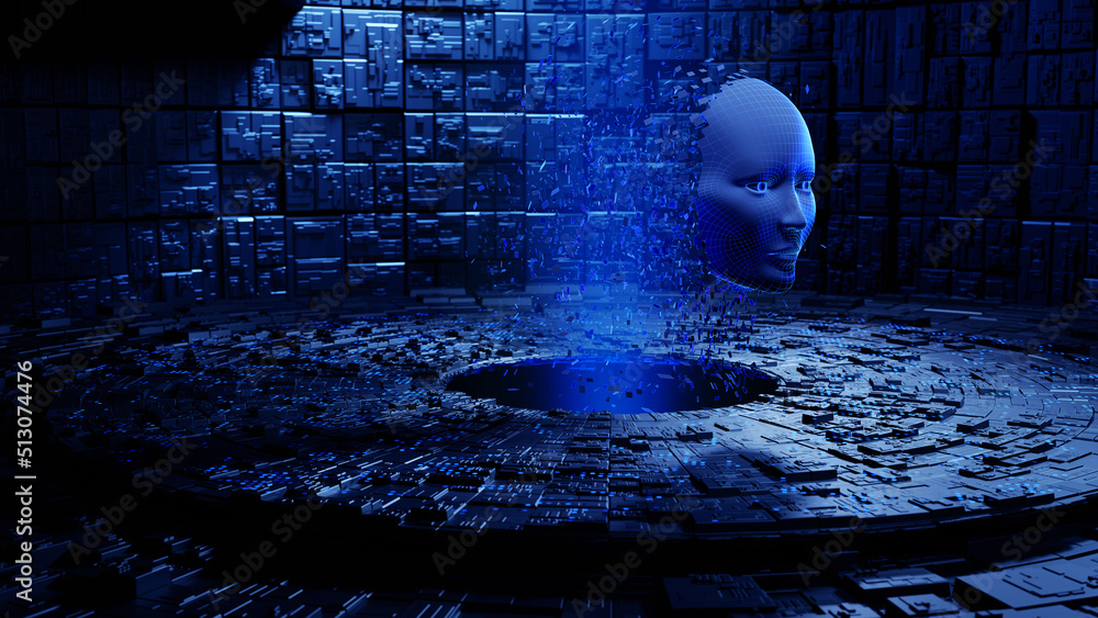 Poster digital human face. artificial intelligence ai. dispersion dissolve disintegration. 3d render illust