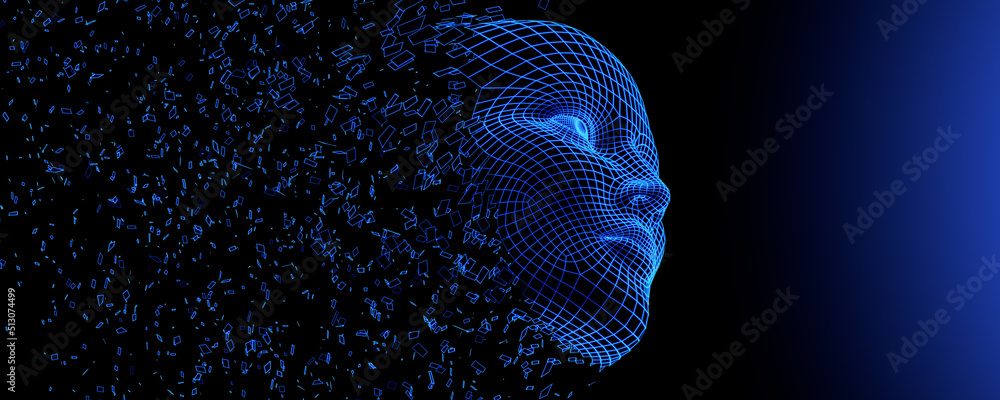 Poster digital human face. artificial intelligence ai. dispersion dissolve disintegration. 3d render illust