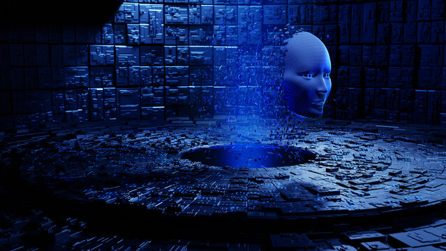Digital human face. Artificial intelligence AI. Dispersion dissolve disintegration. 3d Render illustration