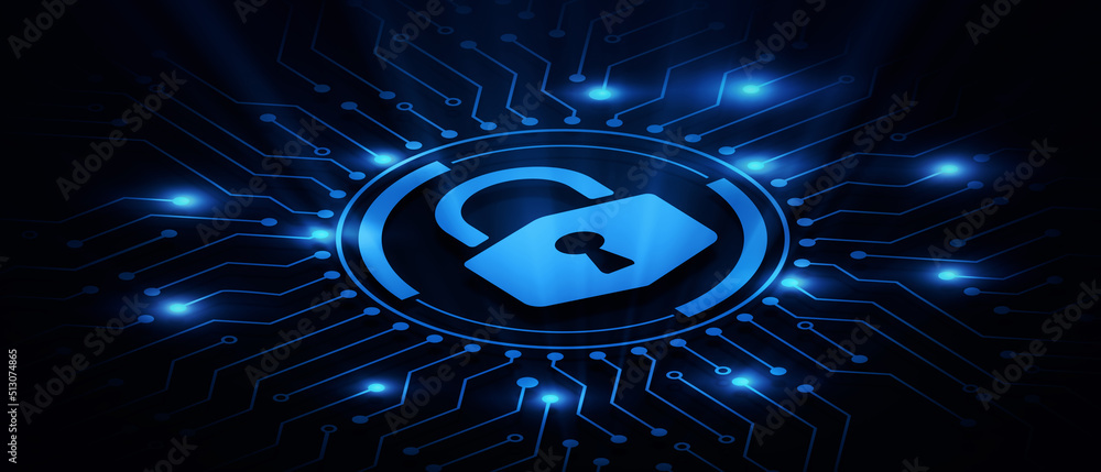 Poster cyber security lock on digital screen data protection business technology privacy concept. 3d render