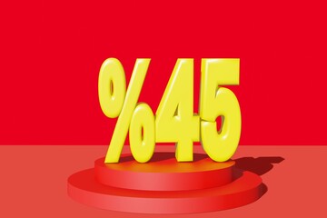 illustration of 45 percent discount in 3D illustration yellow color with red background and copy space