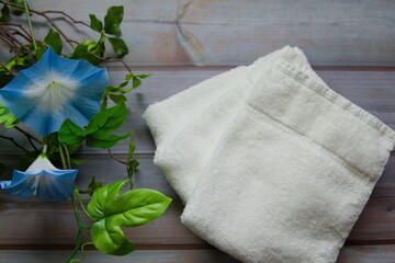 緑の植物と青い花と白いタオルの写真