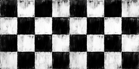 Seamless painted checker or chess board tiles black and white artistic acrylic paint texture background. Creative grunge monochrome hand drawn gingham plaid squares tileable pattern. 3D Rendering.