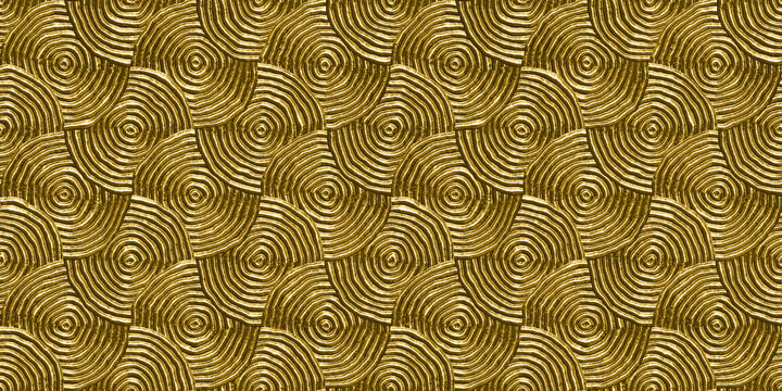 Seamless golden yellow geometric concentric circle swirls background texture. Modern abstract luxury gilded age wallpaper. Metallic gold plated Christmas decoration repeat pattern. 3D rendering..
