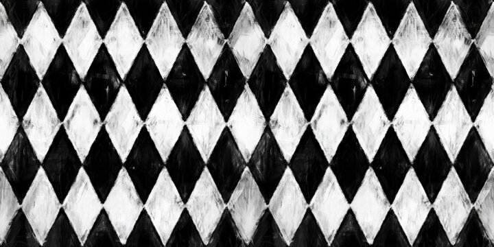 Seamless painted diamond harlequin black and white artistic acrylic paint texture background. Creative grunge monochrome hand drawn rhombus mosaic tiles tileable surface pattern design. 3D Rendering..