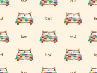 Bed cartoon character seamless pattern on yellow background. Pixel style