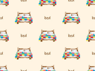 Bed cartoon character seamless pattern on yellow background. Pixel style