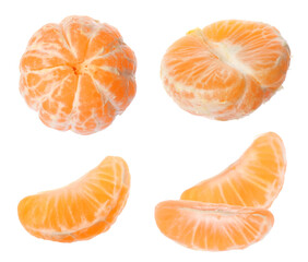 Tasty fresh tangerines on white background, collage