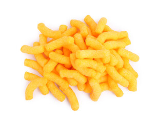 Many tasty cheesy corn puffs isolated on white, top view