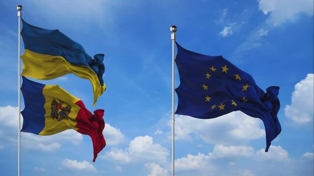European Union, Ukraine and Moldova flags waving 3D Render against the sky background, Flag of EU textile