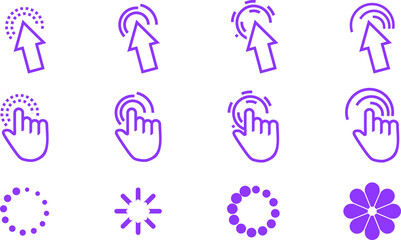 Computer mouse click cursor arrow icons and loading icons. Click arrow, Cursor icon. Hand clicking icon. Finger cursor vector. Loading icon. Vector illustration. Mouse click cursor collection.