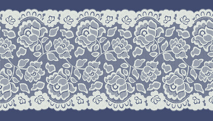 White Flower Raschel Lace Trim. Net Fabric.